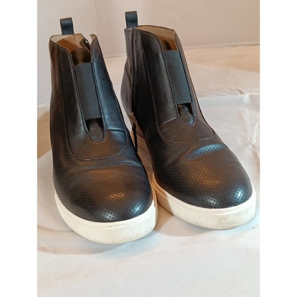 L Paolo Size 12 Med Wedge Sneaker Black Leather Platform Shoes Ankle Zip Bootie - Picture 11 of 14